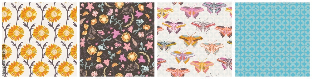 Vector flower meadow and butterflies seamless pattern collection, botanical colorful background Vector flower meadow and butterflies seamless pattern collection, botanical colorful background