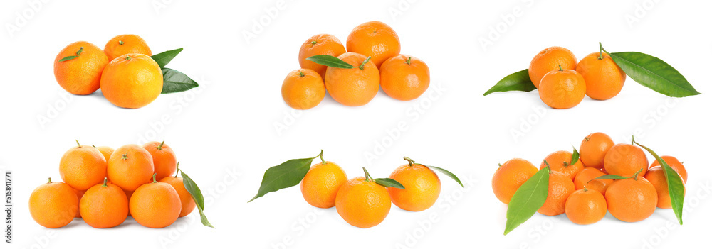 Set with tasty ripe tangerines on white background. Banner design Set with tasty ripe tangerines on white background. Banner design