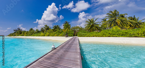 Best summer travel panorama. Maldives islands, tropical paradise coast, palm trees, sandy beach with wooden pier. Exotic vacation destination scenic, beach background. Amazing sunny sky sea, fantastic
