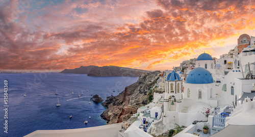 Europe summer destination. Traveling concept, sunset scenic famous landscape of Santorini island, Oia, Greece. Caldera view, colorful clouds, dream cityscape. Vacation panorama, amazing outdoor scene 