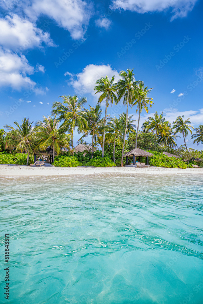 Paradise island beach. Tropical landscape of summer scenery, sea sand sky palm trees. Luxury travel vacation destination. Exotic beach landscape. Amazing nature, relax, freedom nature concept Maldives - obrazy, fototapety, plakaty 