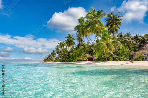 Paradise island beach. Tropical landscape of summer scenery  sea sand sky palm trees. Luxury travel vacation destination. Exotic beach landscape. Amazing nature  relax  freedom nature concept Maldives