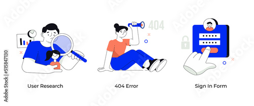 User interface in online business. Set of concepts. User research. 404 error page. Sign-in form. Visual scenes for storytelling