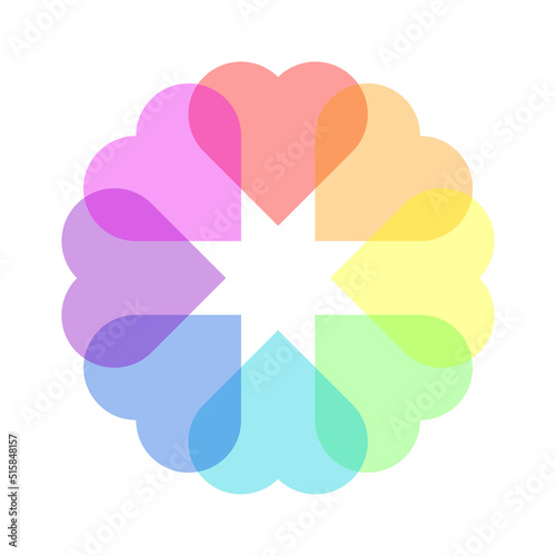 Rainbow hearts in a circle. Neurodiversity concept. LGBTQ spectrum. Social issues concept. Human rights. Transparency. Community unity idea. Love is love. Colorful vector illustration, flat, clip art.