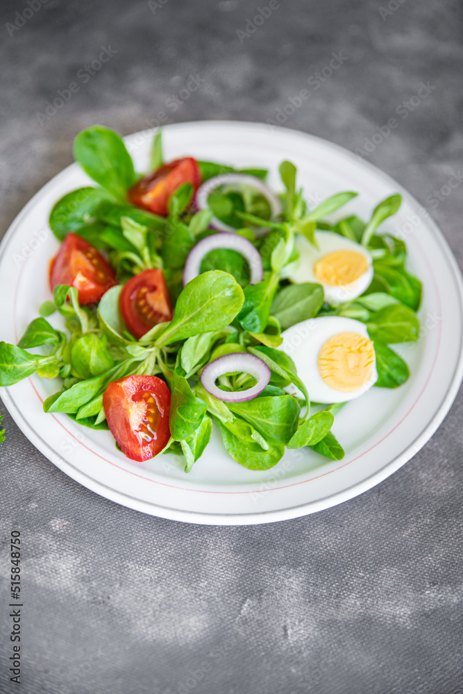 salad egg, vegetables, tomato, onion, leaves lettuce green mix petals fresh healthy meal food snack diet on the table copy space food background rustic top view keto or paleo diet salad egg, vegetables, tomato, onion, leaves lettuce green mix petals fresh healthy meal food snack diet on the table copy space food background rustic top view keto or paleo diet