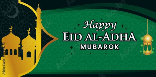 Eid al-Adha banner template vector design with a green Islamic background and the mosque also has a creative motif