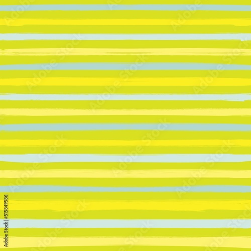 Seamless pattern from thin long horizontal abstract blue, green and yellow textured brush strokes on a yellow background