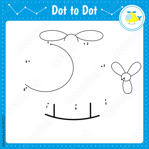 Connect the dots. Helicopter. Dot to dot educational game. Coloring book for preschool kids activity worksheet. Vector Illustration.