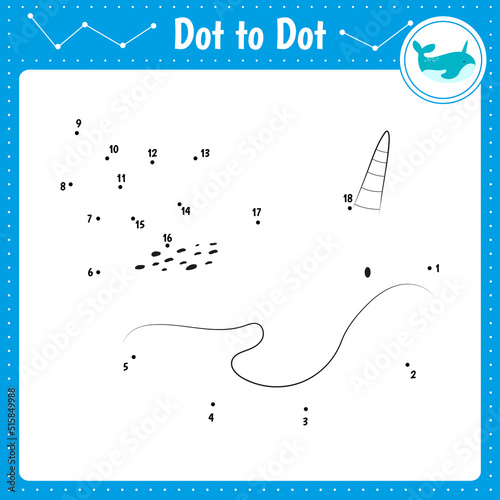 Connect the dots. Narwhal. Dot to dot educational game. Coloring book for preschool kids activity worksheet. Vector Illustration.