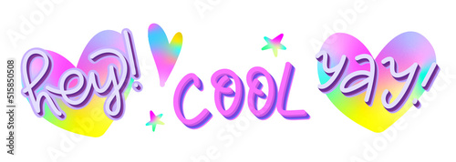 Y2k Hipster aesthetic sticker set. Cute lettering Hey, Cool, Yay