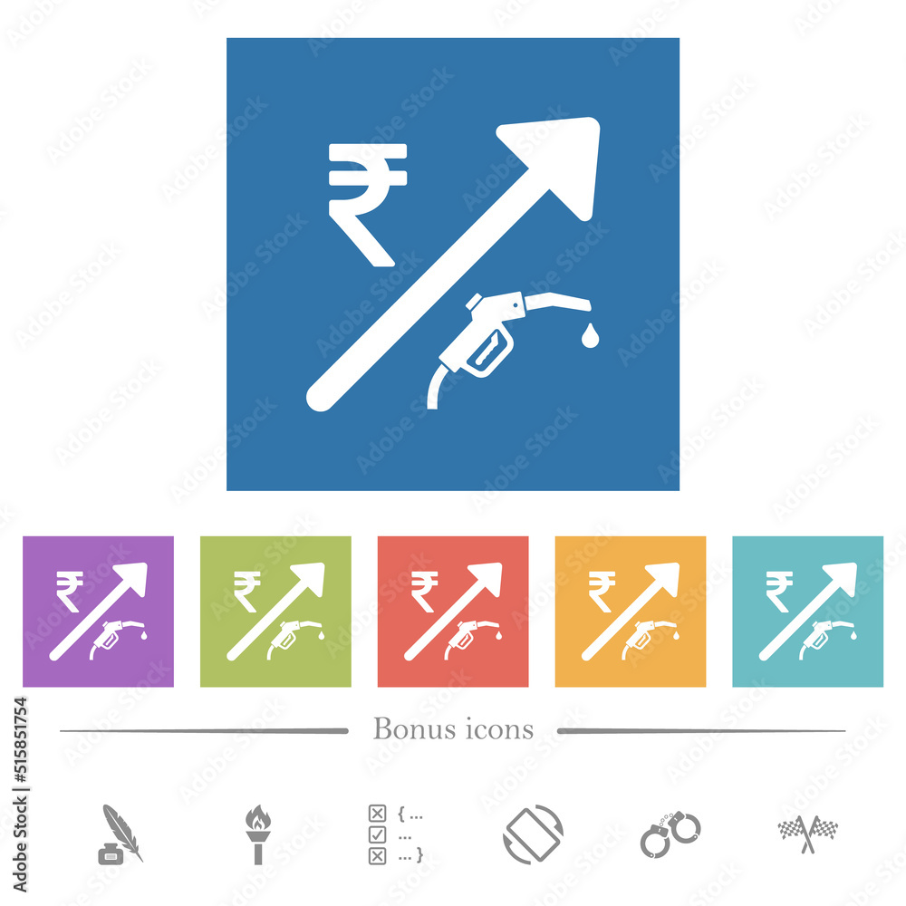 Rising fuel Indian Rupee prices flat white icons in square backgrounds