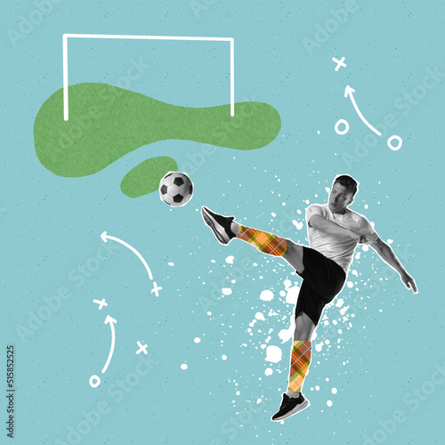 Fototapeta Naklejka Na Ścianę i Meble -  Contemporary art collage. Professional male soccer football player kicking the ball over light background with drawings. Sport, achievements, media, betting, news, ad