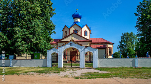 General view and architectural details in a close-up of the temple, the Orthodox Church of St. James in the village of Łosinka in Podlasie, Poland, built in 1886.