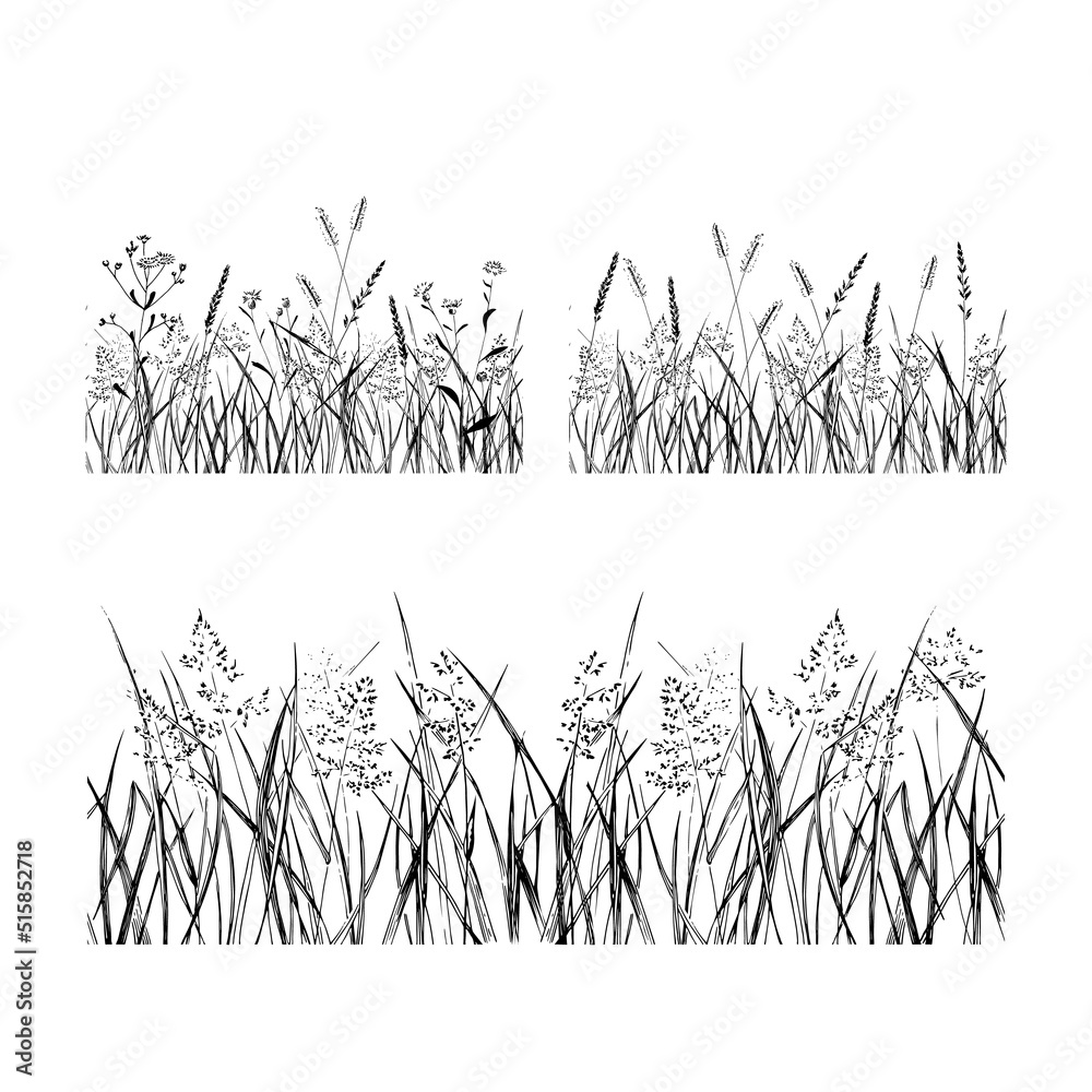 Set of grass strip. Seamless pattern Hand drawn black ink. Vector Illustration. 