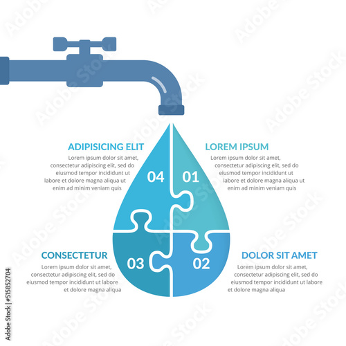 Water drop divided on four puzzle pieces with numbers and text, water infographics