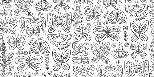 Ornate butterflies. Seamless pattern background for your design. Colouring page