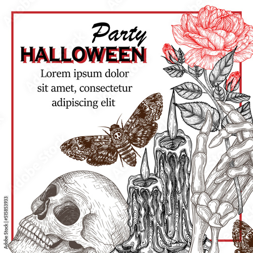 Vector illustration of halloween party invitation template in engraving style. Graphic linear skull, skeleton hand with flower, leaky candles, butterfly dead head