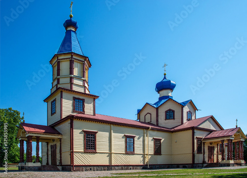 General view and architectural details in a close-up of the temple, the Orthodox Church of St. James in the village of Łosinka in Podlasie, Poland, built in 1886.