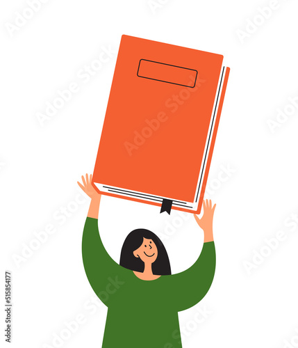 Smiling woman holding book or diary in hand. Female writer, author. Bookstore, library, back to school. Book reading club vector illustration. Literature day, student girl. Literacy, education concept