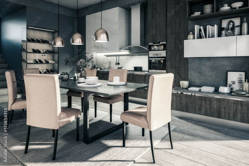 Cute Open Area Kitchen - black and white 3D Visualization