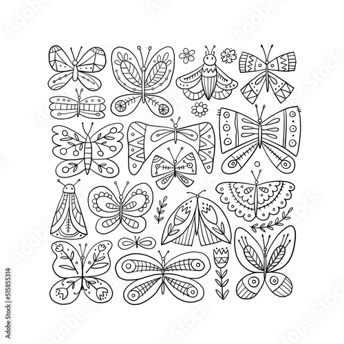 Ornate colorful butterflies, square background. Art Collection for your design