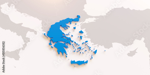 Greece map blue color on white background. Outline land. Neighbor countries in gray. 3d render