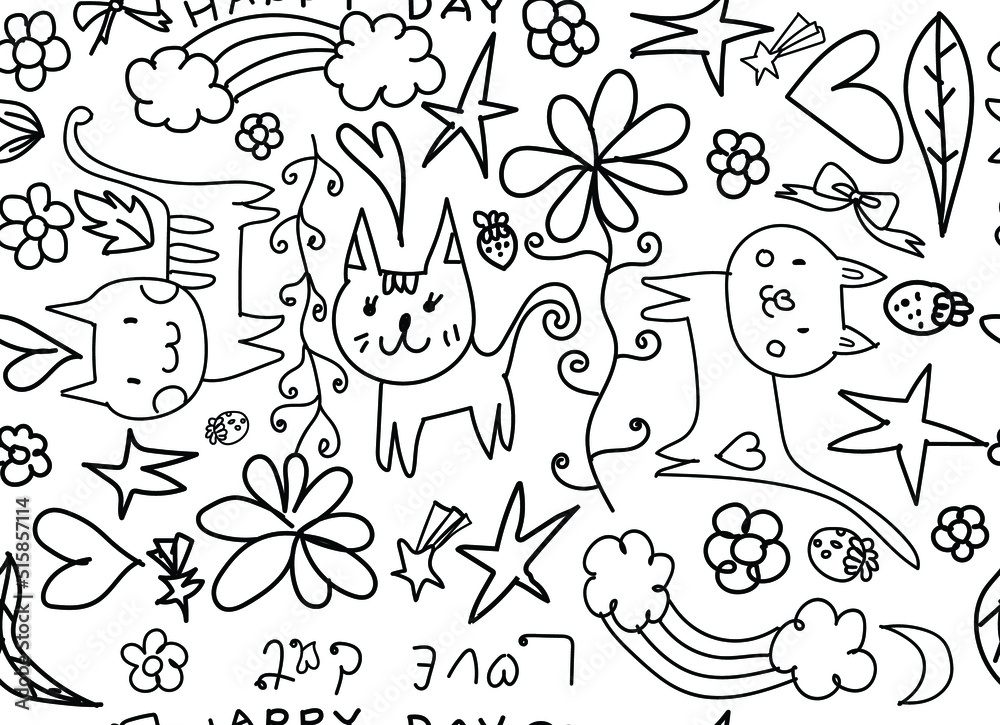 seamless pattern doodle draw freehand illustration style on white background