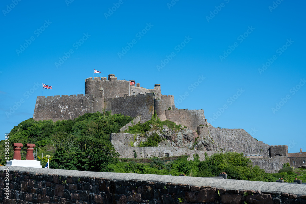 The fortress Mont Orgueil Castle at Gorey harbour, Jersey, Channel Islands, British Isles.