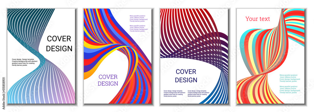 A set of 4 abstract covers. Wavy parallel gradient lines, ribbons evolve. Cover design, background. Trendy banner, poster. A set of 4 abstract covers. Wavy parallel gradient lines, ribbons evolve. Cover design, background. Trendy banner, poster.