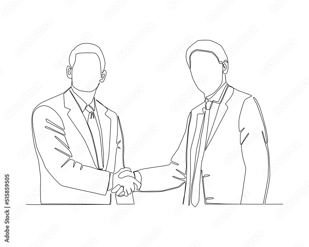 Continuous line of 2 Businessmen doing hand shake each other. To deal a business agreement complete vector. Continuous line of 2 Businessmen doing hand shake each other. To deal a business agreement complete vector.