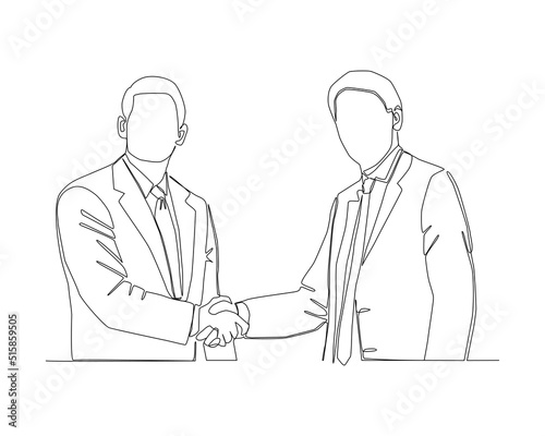 Continuous line of 2 Businessmen doing hand shake each other. To deal a business agreement complete vector.