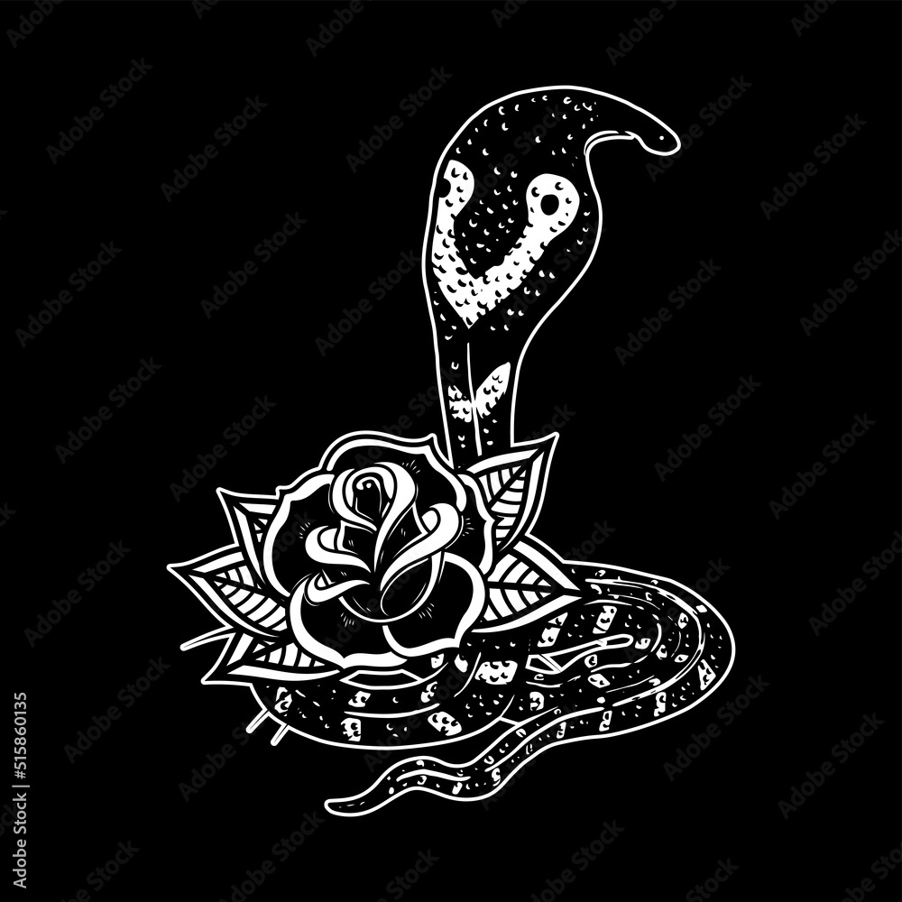 Snake on the background with roses. Design element for poster, t shirt, card, banner. Vector illustration