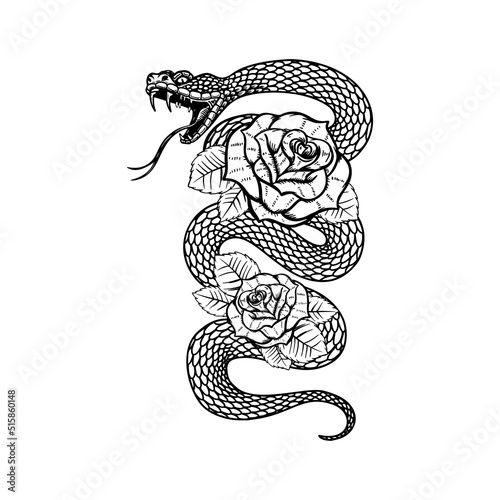 Snake on the background with roses. Design element for poster, t shirt, card, banner. Vector illustration