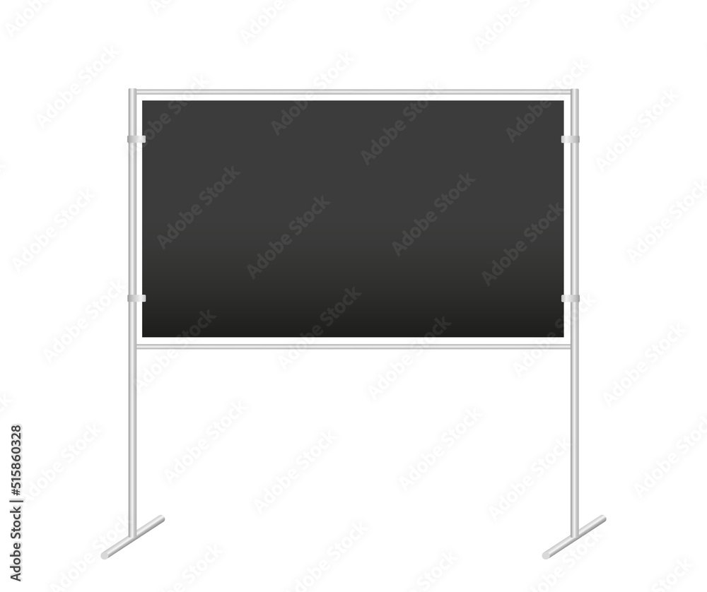 Obraz premium Black school chalkboard or information stand. Vector realistic Mock-up. Blackboard for writing, class board on two pillars, advertising press wall, presentation board. blank template. Front view.