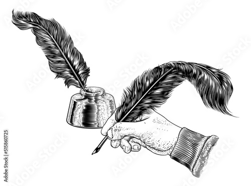 Quill Feather Ink Pen Hand Vintage Woodcut Print