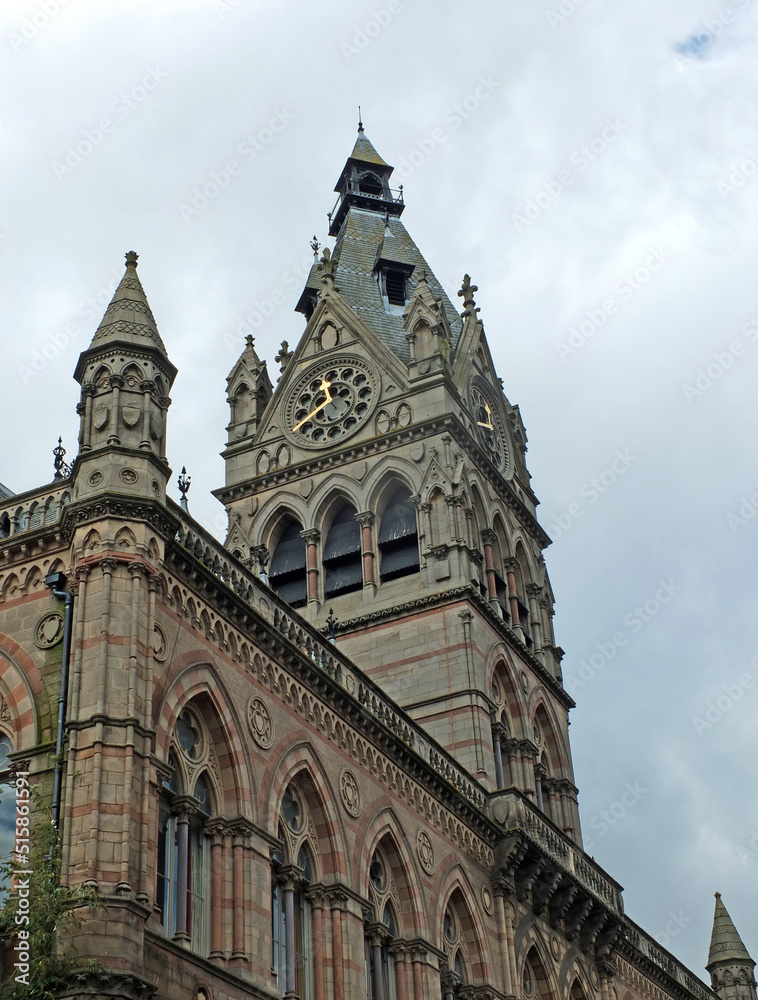 close up of the clock tower and front of chester town hall