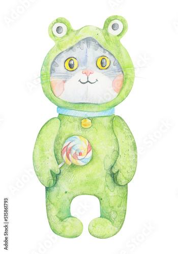A cute cat in green pajamas is holding a candy.