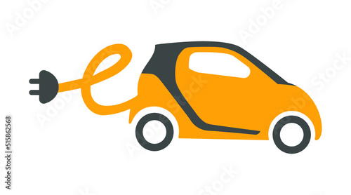 Electric car icon. Vector emblem for charging stations. Electic vehicles recharging symbol. Vector illustration of an yellow small car with a plug