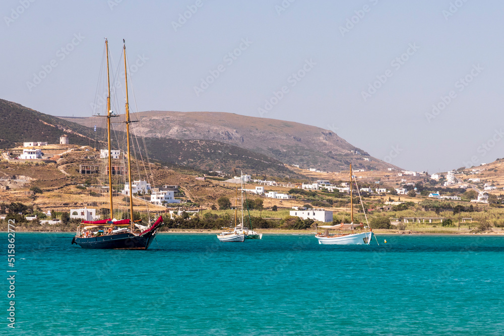 Paros Greece. 06-07-2022. Boats moored ner Naoussa at Paros. Cyclades Islands. Greece Paros Greece. 06-07-2022. Boats moored ner Naoussa at Paros. Cyclades Islands. Greece