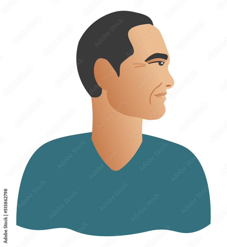 Portrait of adult brunet asian man in turquoise sweater. Japanese mature male with face in profile. Shoulder-length side view portrait in flat style. Vector illustration for print, poster, banner