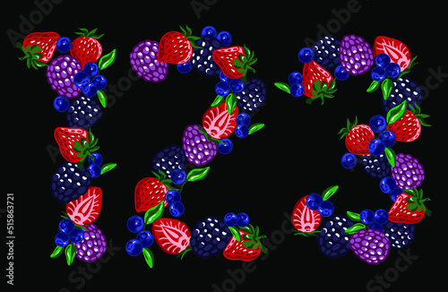 Isolated berries numbers, one, two, three. Figures on the black background. Vector