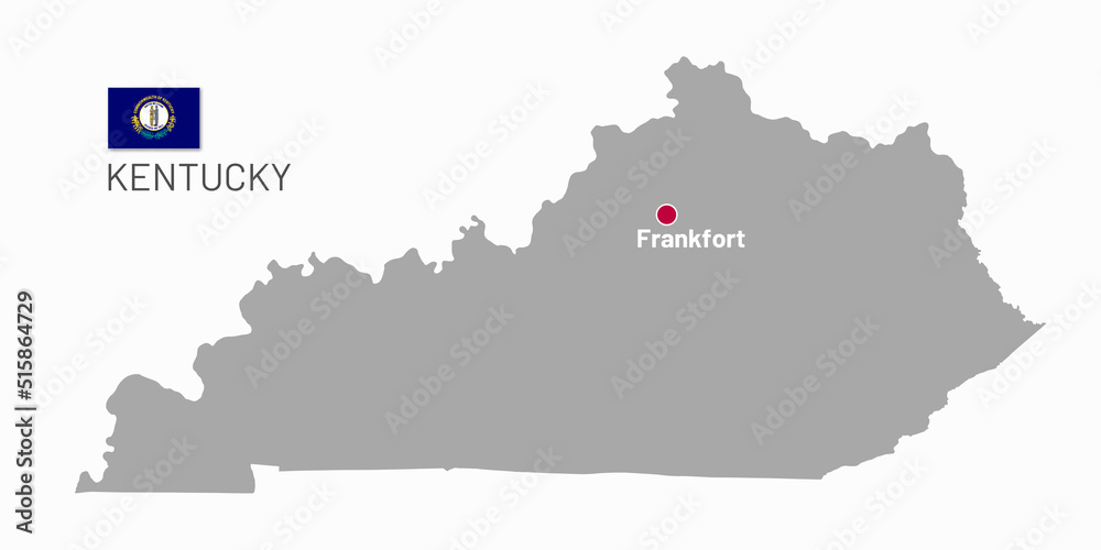 Gray map of Kentucky, federal state of USA. Silhouette of Kentucky abstract outline editable map with borders and flag of federal state vector illustration