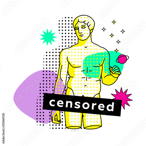 Hipster ancient greek sculpture with censored sign. Stylized posteror tee print in a modern neon psychedelic style. Vector linear illustration