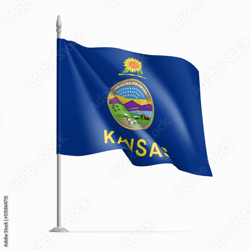 Waving flag of Kansas on flagpole, USA federal state. National wavy flag of Kansas state, symbol of patriotism vector illustration