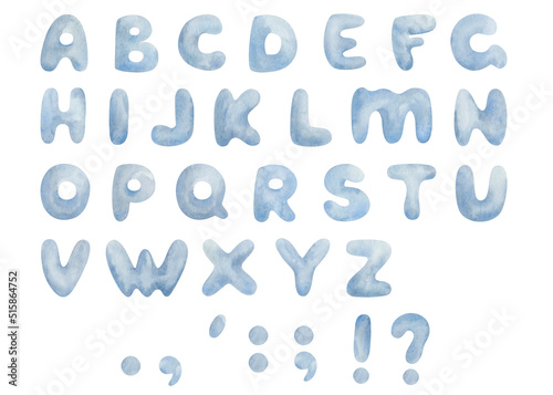 Watercolor illustration of hand painted blue bold letters from english alphabet, hand written abc characters and punctuation marks. Isolated clip art for postcards, banners, greeting cards, posters
