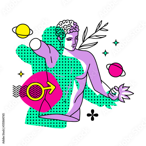 Trippy male character, greek ancient statue with planet and surreal elements. Vector linear illustration in trendy psychedelic weird y2k style.
