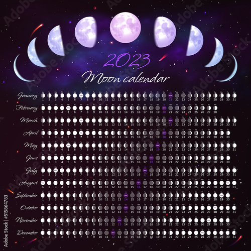 Moon phases calendar of 2023 year, monthly cycle planner. Lunar phases banner, poster, web page design template, moon schedule calendar on background of night starry sky vector illustration