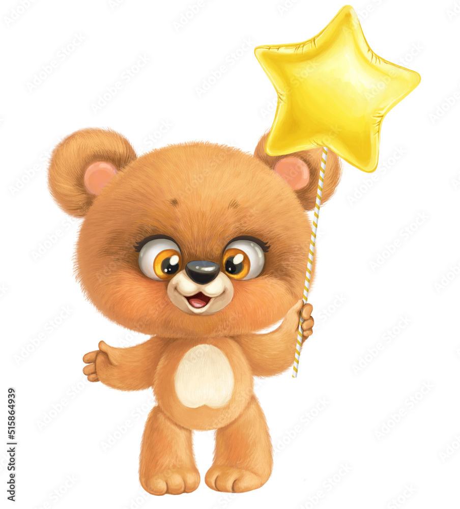 Fototapeta premium Baby Bear holding holding balloon in the form of a star isolated on a white background