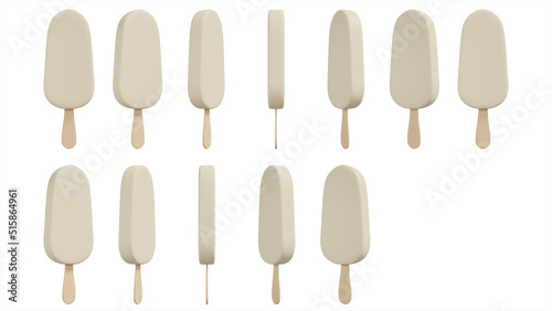 set of vanilla ice cream stick bar isolated on white background .3D Render Illustration