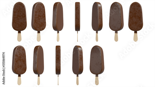 set of vanilla ice cream stick bar covered with chocolate isolated on white background .3D Render Illustration